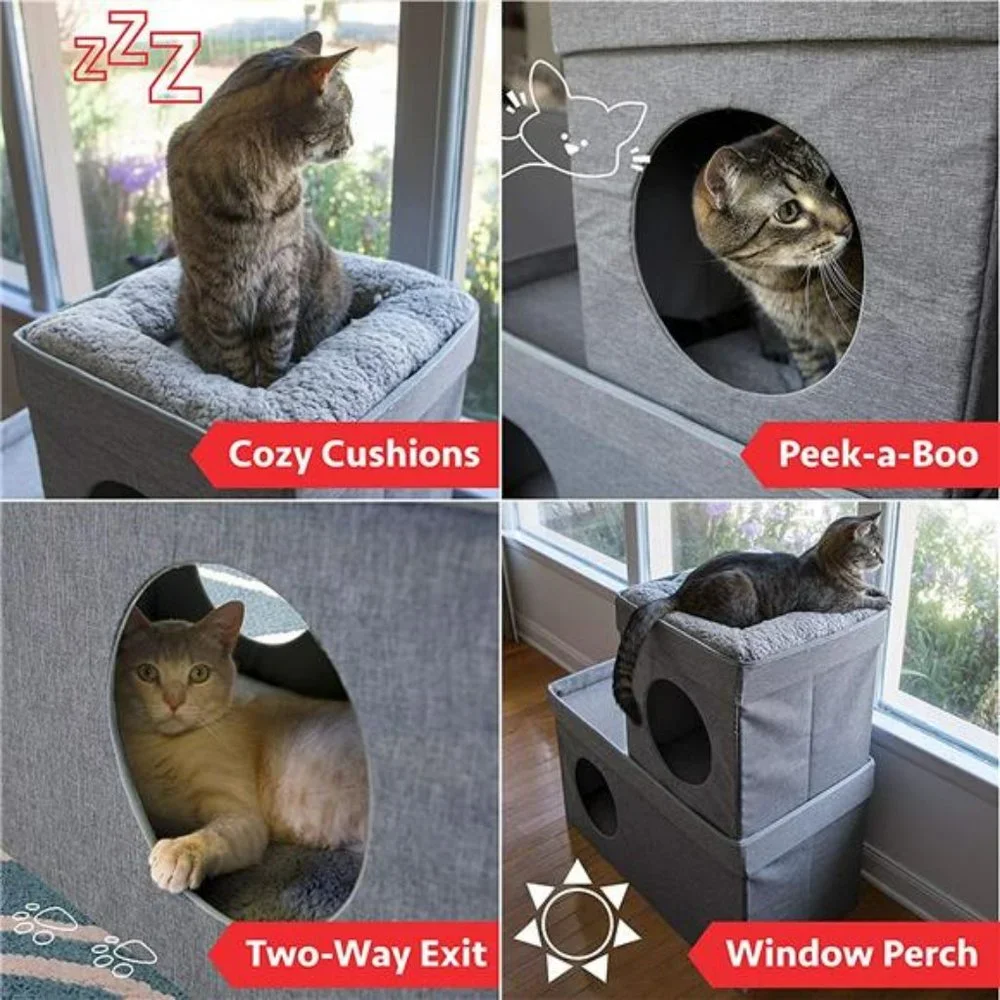 Large Stackable Grey Condo, Cat Cube, Cat House, Pop Up Bed, Cat Ottoman